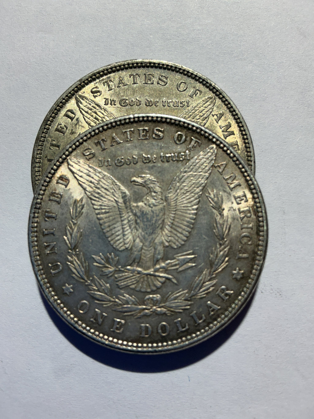 Lot 6, 2, 1881 Morgan silver dollar, AU