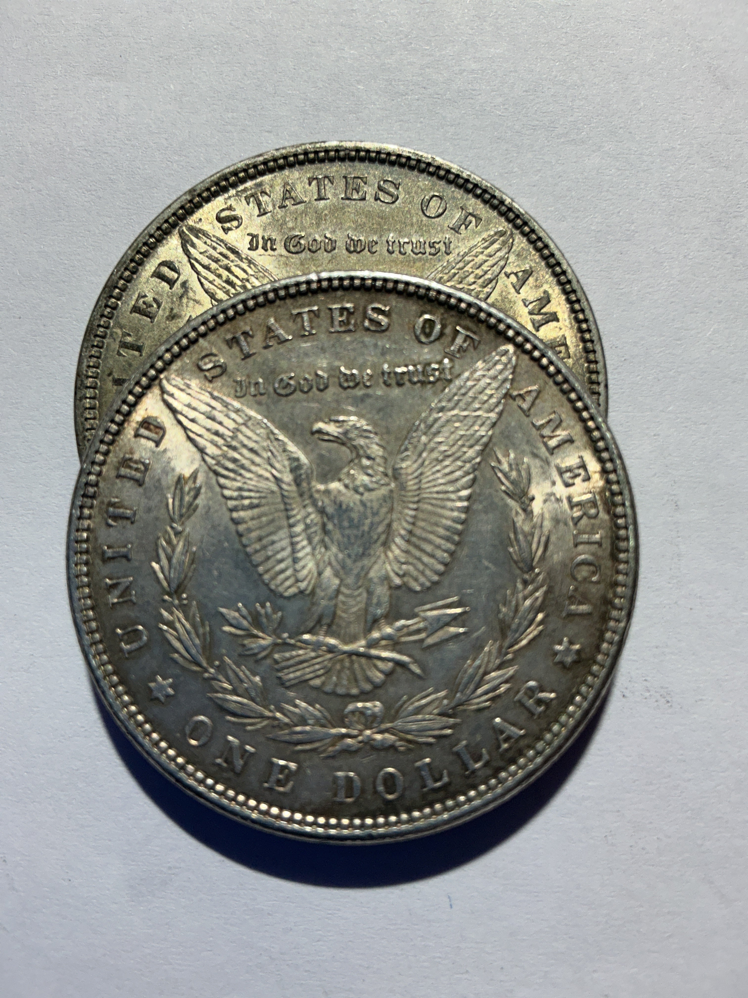 Lot 6, 2, 1881 Morgan silver dollar, AU