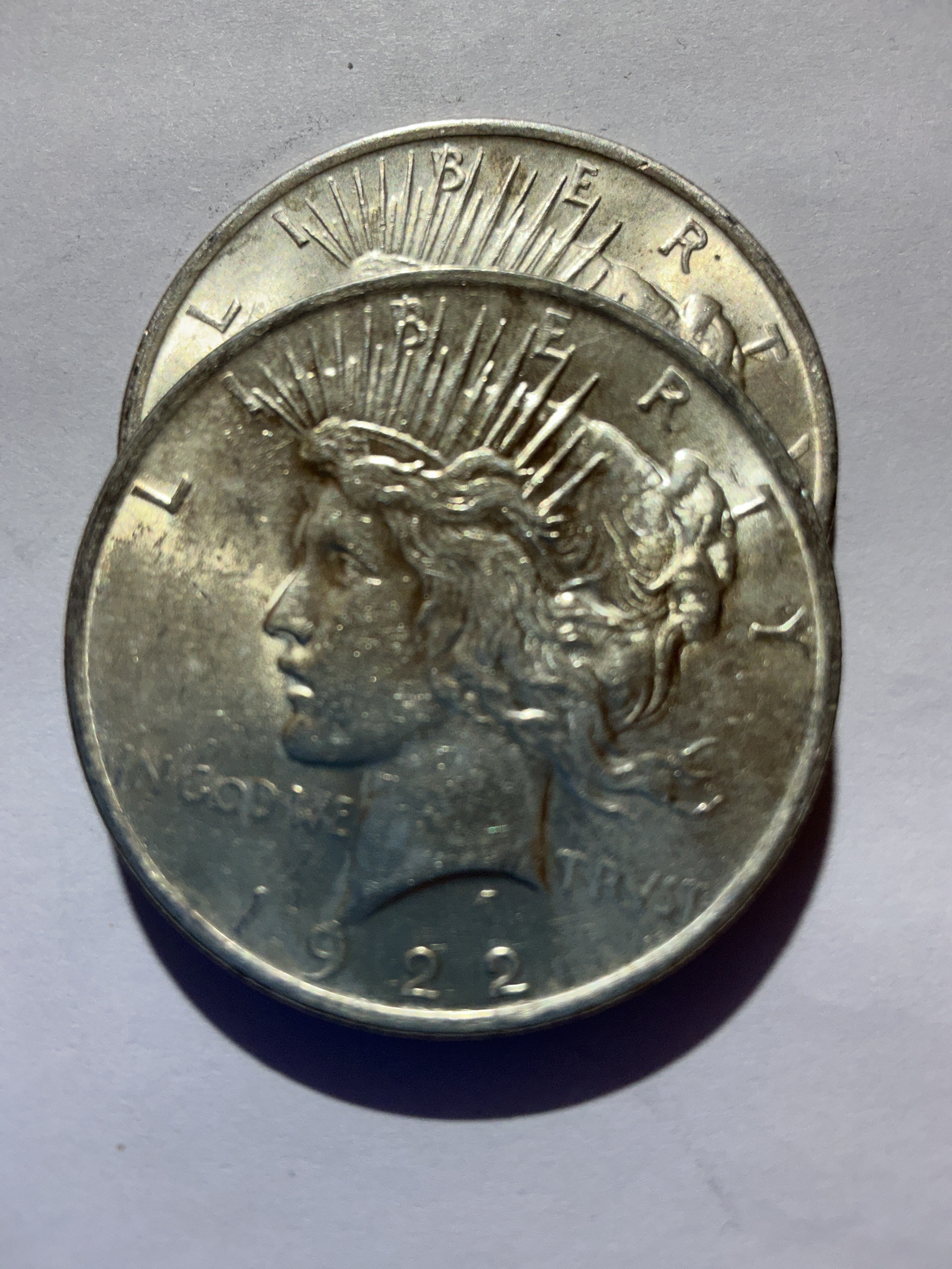 Lot 22, 2 1922 Peace dollar, AU