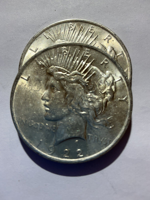 Lot 22, 2 1922 Peace dollar, AU