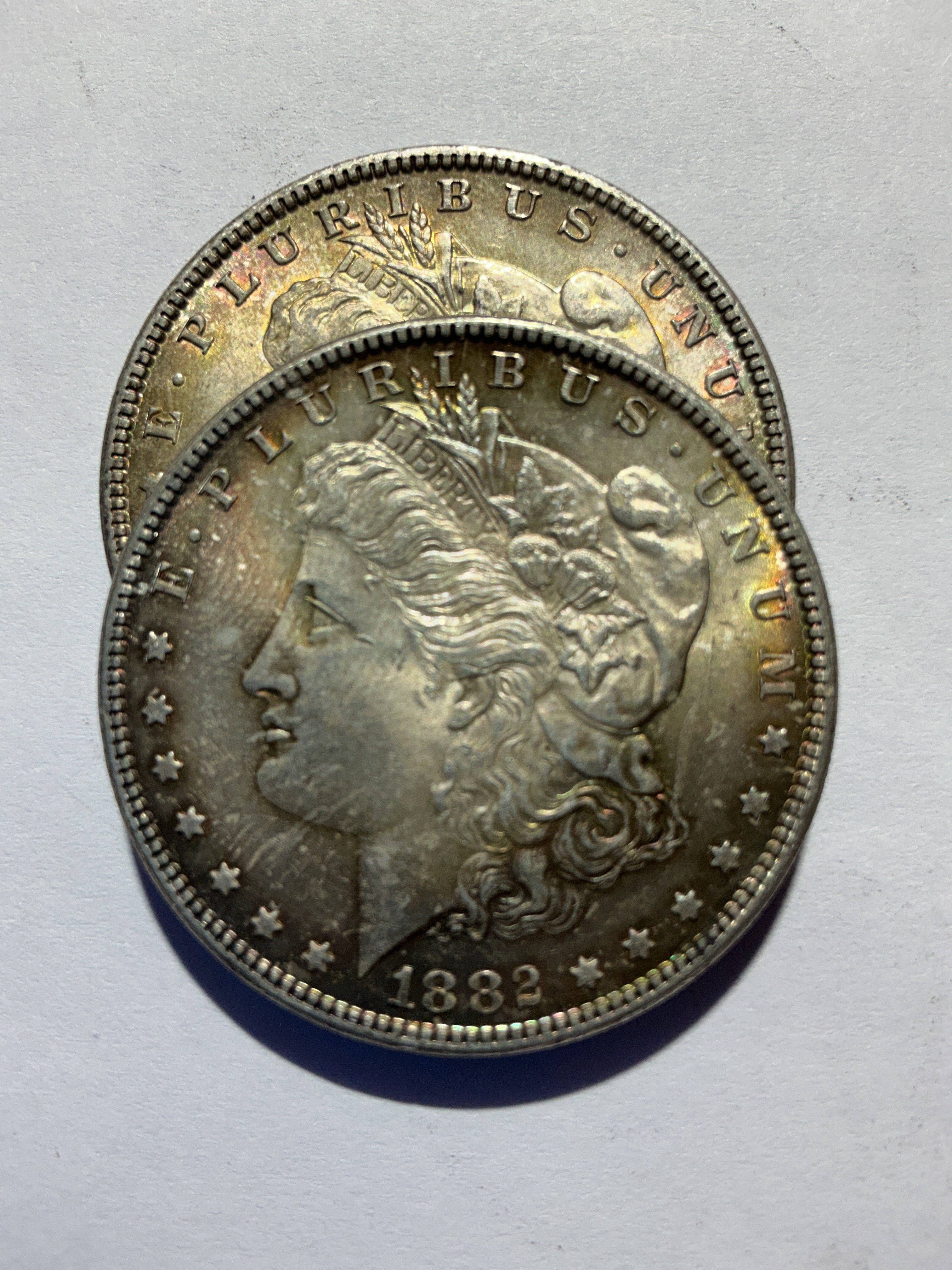 Lot 7, 2, 1882 Morgan silver dollar, AU