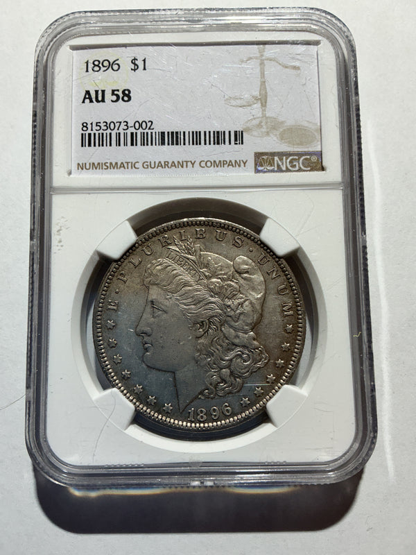 Lot 13, 1896, Morgan silver dollar, AU 58