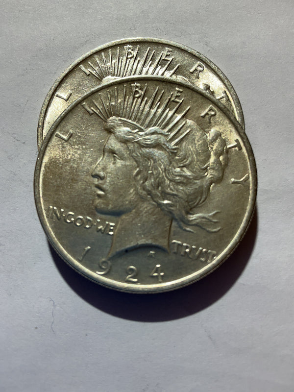 Lot 33, 2 1924 Peace dollar, AU