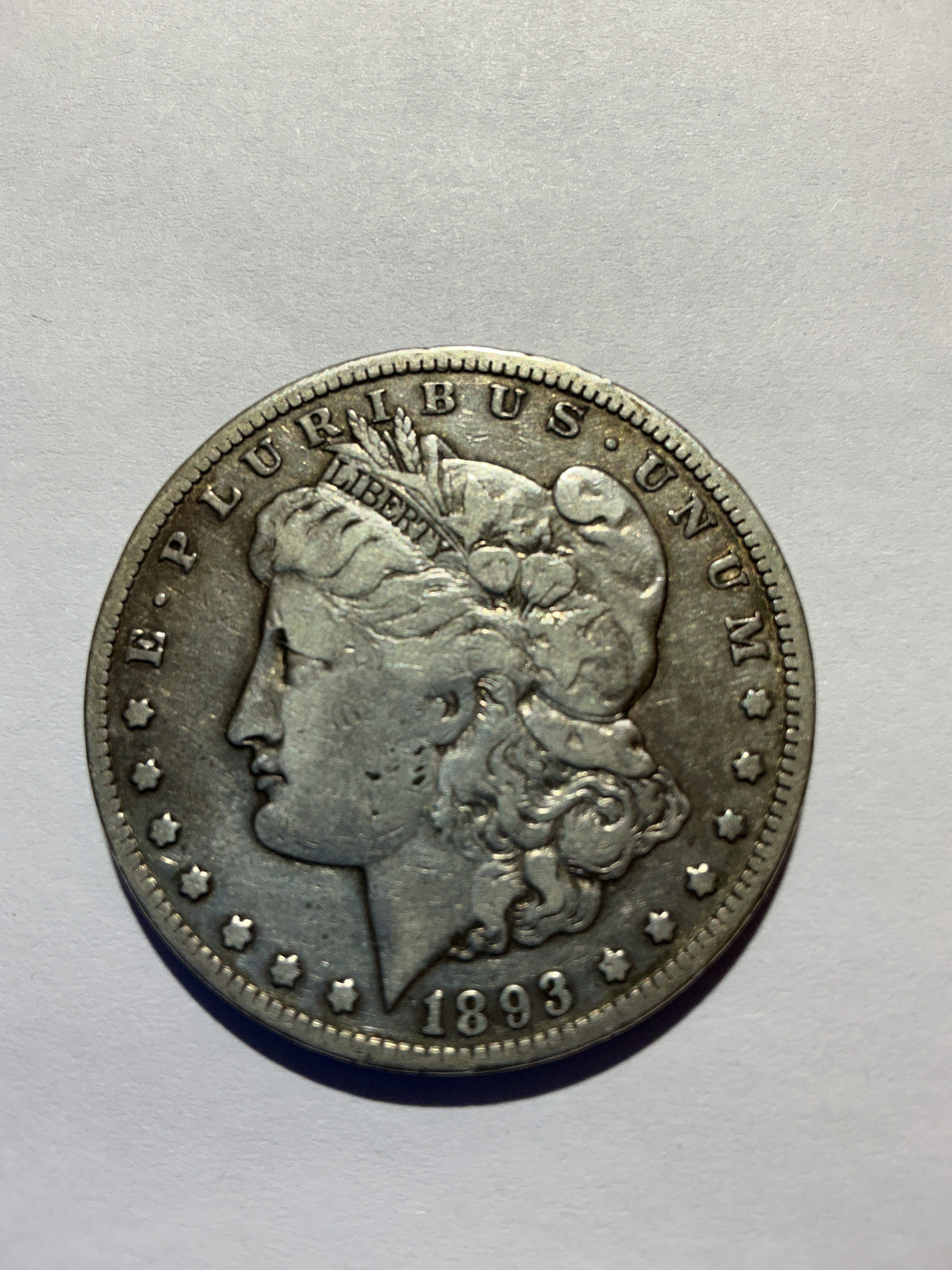 Lot 2, 1893 CC Morgan silver dollar F, low mintage 677000
