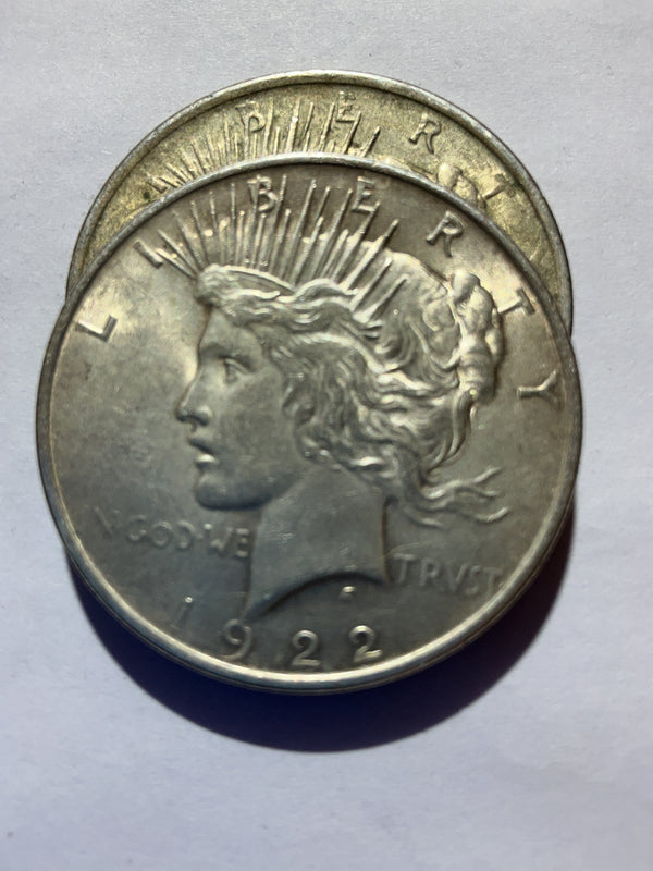 Lot 23, 2 1922 Peace dollar, AU