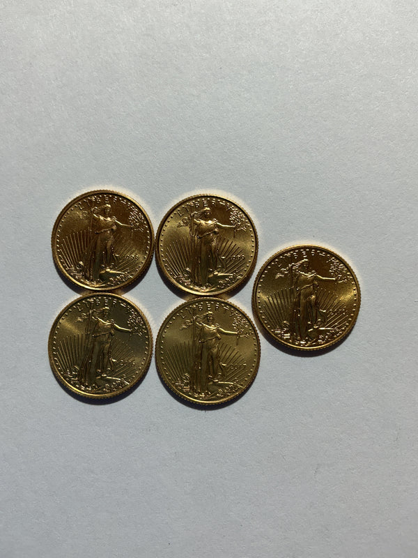 Lot 1, lot of five, Random year, $5 1/10 oz Gold American Eagle, BU