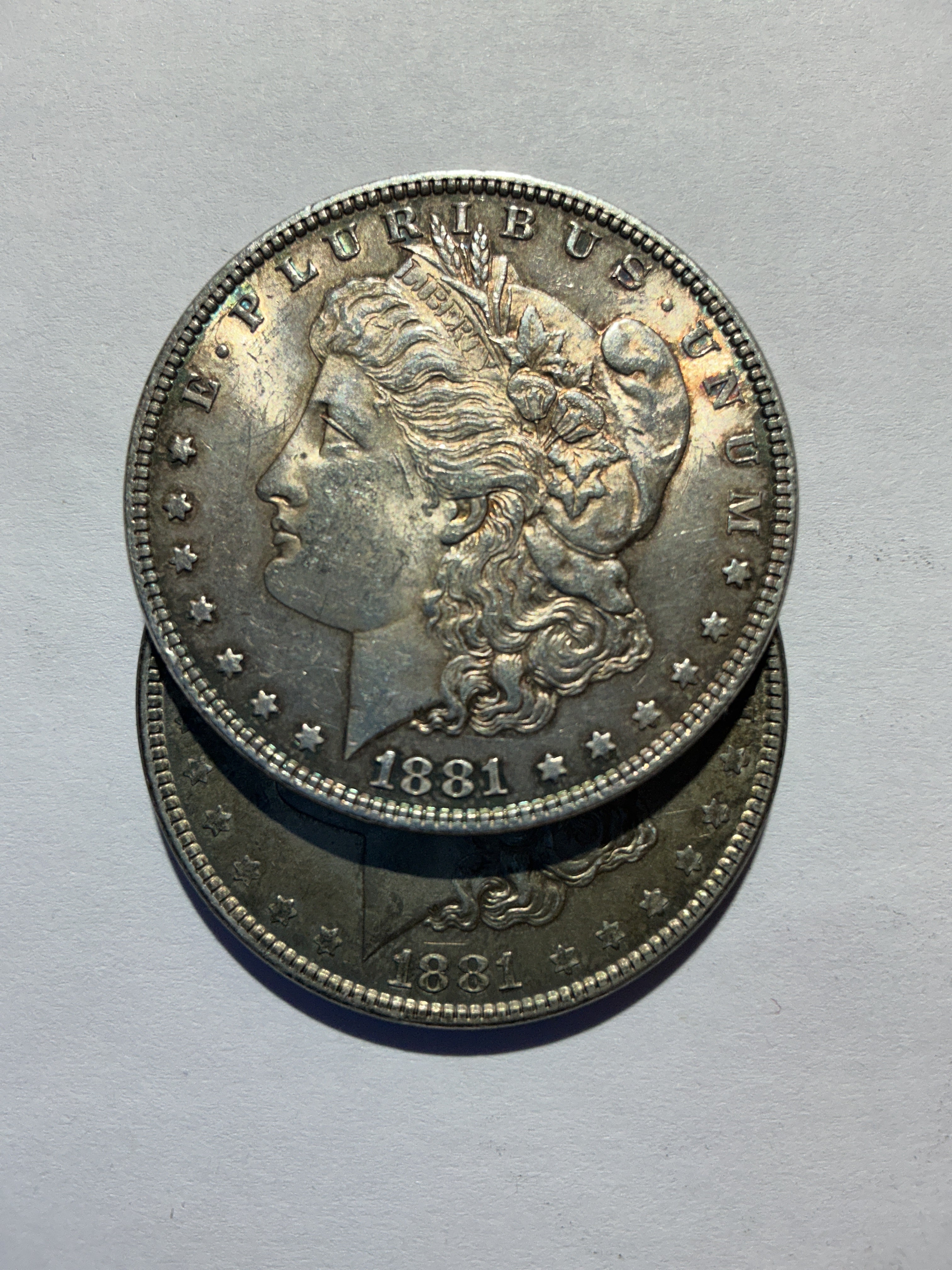 Lot 6, 2, 1881 Morgan silver dollar, AU