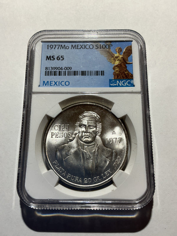 Lot 1, 1977Mo Mexico Estados Unidos 100 Pesos, MS65, .6428 Troy oz silver