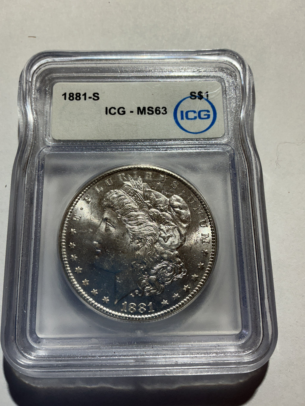 Lot 9, 1881 S Morgan silver dollar, MS63