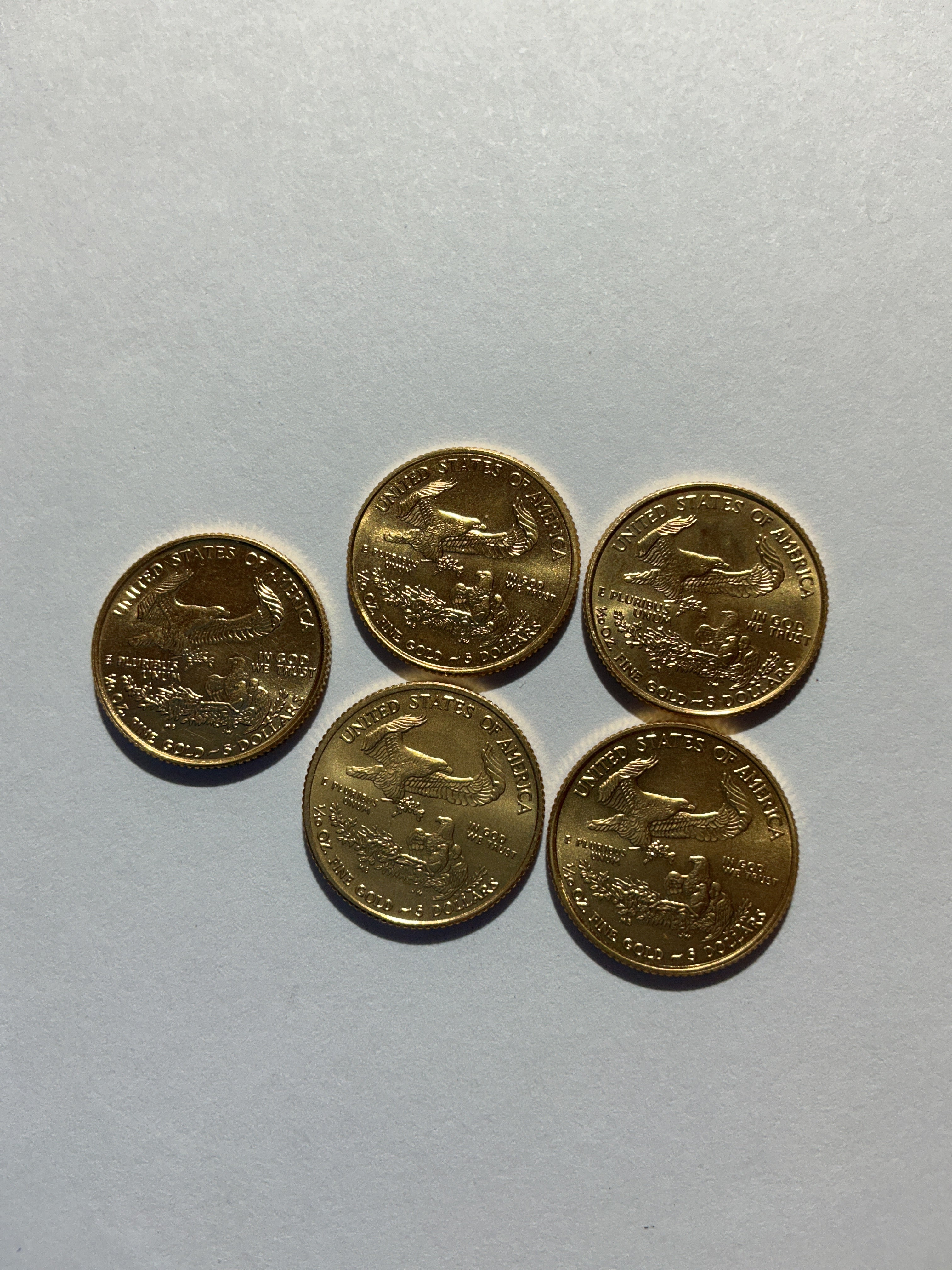 Lot 1, lot of five, Random year, $5 1/10 oz Gold American Eagle, BU