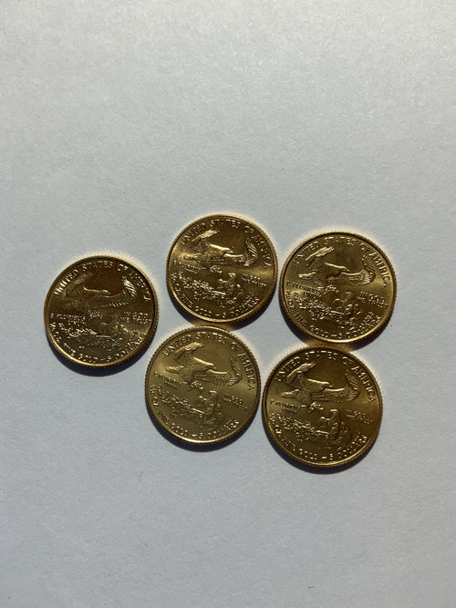 Lot 1, lot of five, Random year, $5 1/10 oz Gold American Eagle, BU